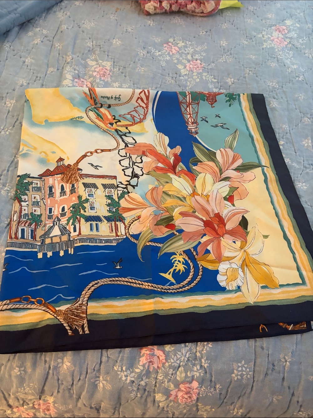 Chico's Tropical Coastal Print Scarf in Blue, Yellow, Green and Orange